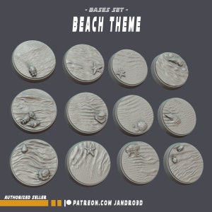 May include: Twelve round, gray, textured, plastic bases with various beach-themed designs. The designs include seashells, starfish, rocks, and seaweed. The bases are labeled "BASES SET - BEACH THEME".