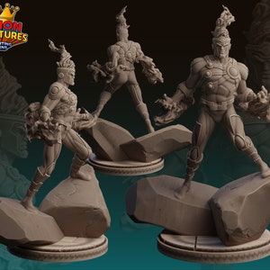 May include: A 3D printed miniature of a humanoid figure with a fiery head and hands. The figure is standing on a rocky base. The miniature is painted in a light gray color.