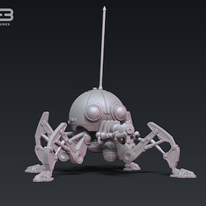 May include: A light gray, mechanical spider-like model with a domed head, large eye-like features, and articulated legs. It has a long antenna extending upwards. The model is a 3D-printed miniature.