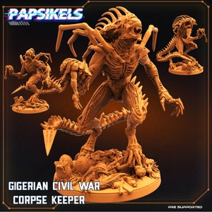 May include: A detailed, 3D printed miniature of a Gigerian Corpse Keeper from the Gigerian Civil War. The figure is standing on a base of bones and is holding a weapon in its right hand. The figure is painted in a brown and orange color scheme.