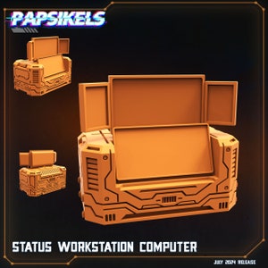 May include: A futuristic orange computer workstation with multiple monitors. The computer has a textured, industrial design with a large central monitor and two smaller side monitors. The text "STATUS WORKSTATION COMPUTER" is displayed below the computer.