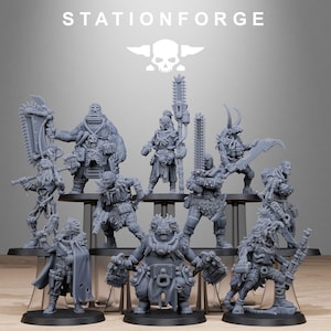 May include: A collection of gray miniature figurines, each depicting a unique character with weapons and armor. The figurines are arranged on tiered platforms against a gray backdrop. The text "STATIONFORGE" is visible at the top.