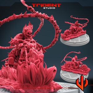May include: A red 3D printed miniature of a skeletal figure riding a motorcycle with flames. The figure is wearing a leather jacket and has a skull for a head. The motorcycle is engulfed in flames and has a chain attached to the handlebars.