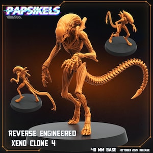 May include: A 3D printed, orange-brown, detailed miniature of a Xenomorph from the Alien franchise. The figure is posed in a crouched position with its tail curled around its body. The figure is on a 40 mm base. The text "Reverse Engineered Xeno Clone 4" is printed on the base.