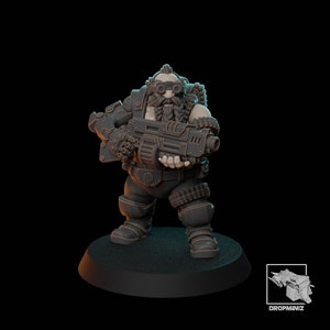 May include: A gray plastic miniature figurine of a dwarf wearing goggles and holding a futuristic gun. The dwarf is wearing a dark gray jumpsuit with a belt and pouches. The figurine is standing on a black base.
