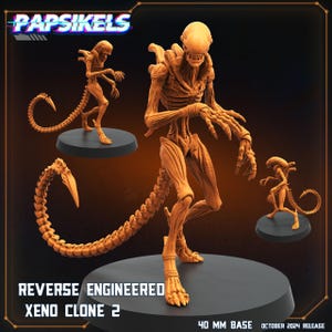 May include: A 3D printed miniature of a Xenomorph from the Alien franchise. The figure is posed in a dynamic stance with its tail curled around its body. The figure is painted in a brown color and is standing on a 40 mm base. The text "REVERSE ENGINEERED XENO CLONE 2" is printed on the base. The text "PAPSIKELS" is printed in a retro-style font at the top of the image.