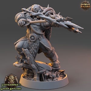 May include: A gray, detailed miniature figurine of a large, muscular, humanoid creature with a bear-like face, holding a spear and bow. The figure is wearing a fur cloak and armor, and is standing on a rocky base with mushrooms.