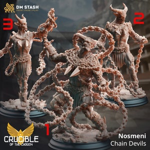 May include: Three detailed miniature figures of chain devils, each with a different pose and holding chains. The figures are painted in a brown and grey color scheme and are standing on circular bases. The figures are labeled with numbers 1, 2, and 3. The text "Nosmeni Chain Devils" is visible at the bottom of the image.