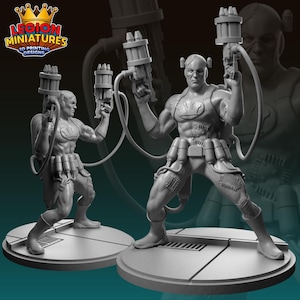 May include: Two gray 3D-printed figures of a muscular person holding futuristic weapons. The figures are on circular platforms with a logo that reads "Legion Miniatures 3D Printing Designs". The figures have a cyborg-like appearance with visible stitching and mechanical details.