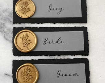 Vellum Place Cards, Black Paper, Wax Seal, Custom Name Cards