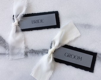 Handmade Black Deckle Edge Place Card with Chiffon Ribbon