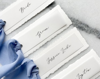 Hand Torn Deckled Edge Place Cards, Chiffon Ribbon, Wedding Escort Cards