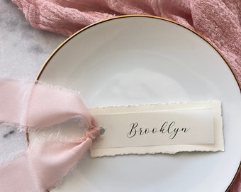 Deckled Edge Wedding Place Cards with Chiffon Ribbon