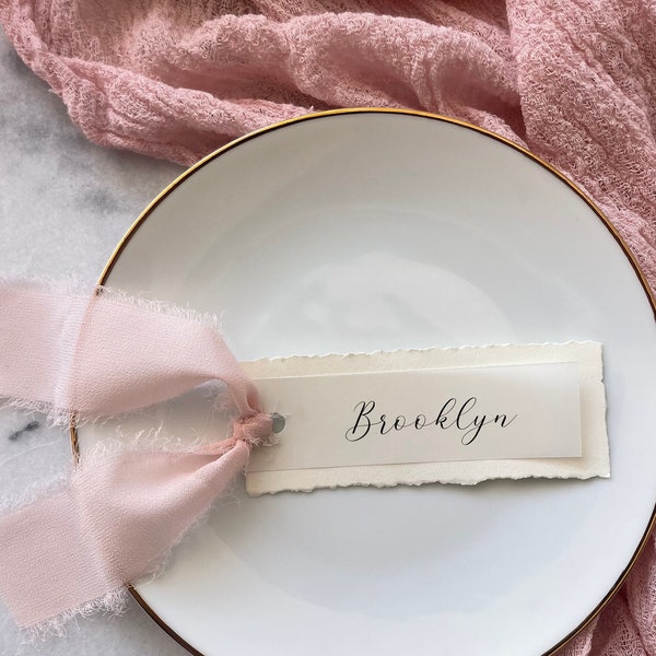Deckled Edge Place Cards with Ribbon, Hand Torn Edges, Hand Torn Place Cards and Chiffon Ribbons, Personalized Name Cards, Wedding Signage