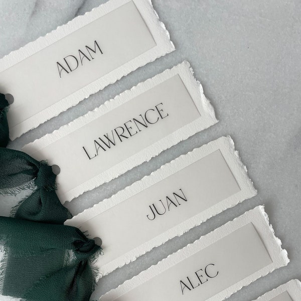 Hand Torn Place Cards and Chiffon Ribbon, Hand Torn Edges, Personalized Name Cards, Deckle Edge Place Cards with Ribbon, Name Cards