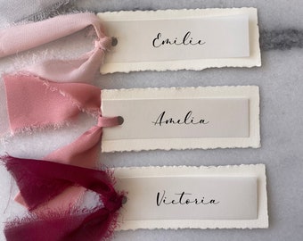 Hand Torn Place Cards and Chiffon Ribbon, Deckle Edge Place Cards with Ribbon, Hand Torn Edges, Personalized Name Cards, Wedding Signage