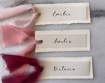 Handmade Deckle Edge Place Cards with Chiffon Ribbon