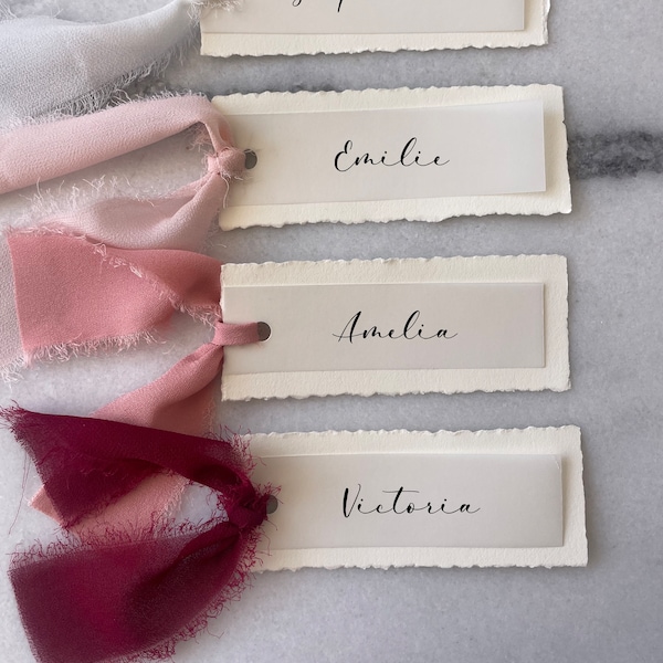 Hand Torn Place Cards and Chiffon Ribbon, Deckle Edge Place Cards with Ribbon, Hand Torn Edges, Personalized Name Cards, Wedding Signage