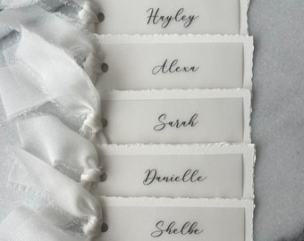 Deckle Edge Place Cards with Chiffon Ribbon, Personalized Name Cards