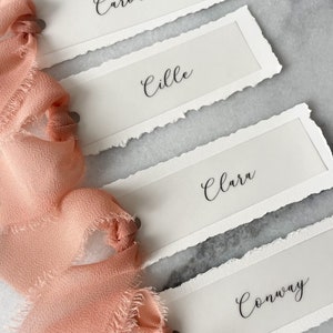 Hand Torn Place Cards and Chiffon Ribbon, Deckle Edge Place Cards with Ribbon, Hand Torn Edges, Personalized Name Cards, Wedding Place Cards