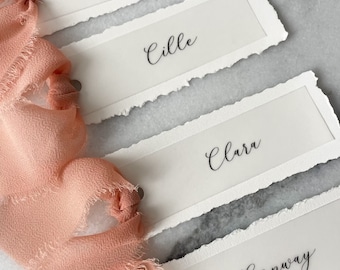 Handmade Deckle Edge Wedding Place Cards with Chiffon Ribbon