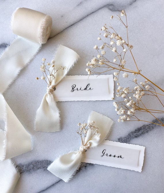 Hand Torn Place Cards With Baby s Breath and Satin Ribbon Deckle Edge Place Cards With Dried Flowers Personalized Name Cards With Flowers Etsy Canada