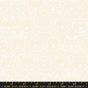 May include: A seamless pattern featuring a variety of cute animal faces in white on a cream background. The animals include a rabbit, cat, dog, deer, raccoon, bear, hedgehog, and fox.