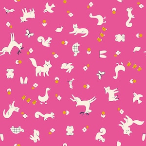 May include: A pink background with a repeating pattern of white animals and objects. The pattern includes a fox, a squirrel, a deer, a cat, a bird, a turtle, a frog, a goose, a butterfly, and flowers.