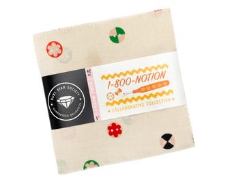 May include: A square charm pack of 42 fabric squares measuring 5 inches, featuring a cream background with small colorful button illustrations. A white paper band wraps around the center with the text 1-800-NOTION and Ruby Star Society logo.