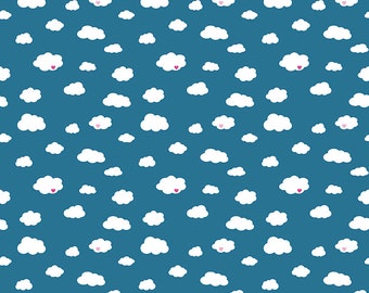 May include: A seamless pattern of white clouds on a blue background with scattered pink hearts.