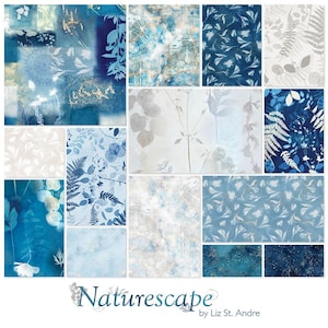 May include: A collage of botanical-themed fabric swatches in shades of blue, white, and gold. The designs include leaf patterns, floral prints, and abstract textures. The text "Naturescape by Liz St. Andre" is at the bottom.