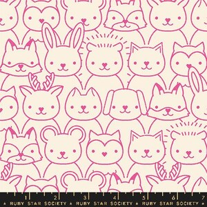 May include: A seamless pattern featuring pink outlines of various animals, including a deer, fox, rabbit, cat, dog, and hedgehog, on a cream background.