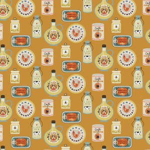 May include: A mustard yellow fabric featuring a repeating pattern of French food items including round Fromage Camembert labels, Café Chat Noir cans, Sardines à la Tomate tins, glass milk bottles labeled Lait Pur, and olive oil cruets.