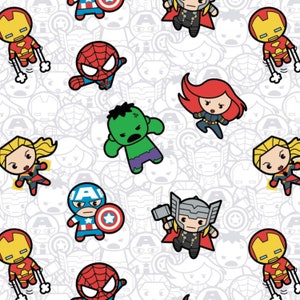 May include: A white background with a repeating pattern of cartoon superheroes, including Iron Man, Spider-Man, Hulk, Captain America, Thor, and Black Widow. The characters are all in their signature colors and poses.