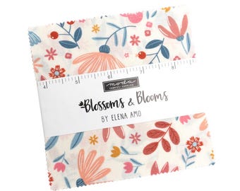 May include: A stack of fabric squares with a floral pattern. The fabric features a cream background with pink, blue, and orange flowers and leaves. The label reads "Blossoms & Blooms by Elena Amo."