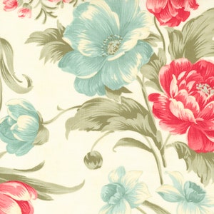May include: A floral fabric pattern with large blue and pink flowers and green leaves on a white background.