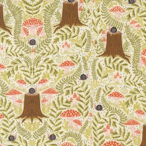 May include: A repeating pattern featuring a whimsical forest scene. The design includes brown tree stumps, red and white spotted mushrooms, green ferns, and small snails on a cream background. The overall theme is nature and woodland.