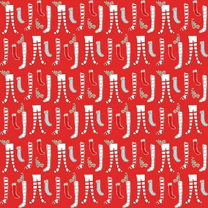 May include: A red and white striped pattern fills the background of this seamless pattern.  The pattern features a repeating design of red and white striped stockings with blue socks.
