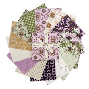May include: A collection of fabric squares in various patterns and colors, including floral, geometric, and animal prints. The squares are arranged in a circular pattern, with a central bundle tied with a ribbon. The color palette includes shades of green, purple, and cream.