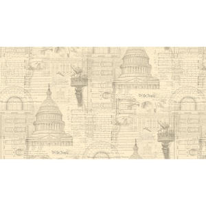 May include: Beige wallpaper featuring a repeating pattern of the U.S. Capitol building, the Statue of Liberty, and handwritten script. The words "We the People" are visible. The design has a vintage, aged appearance.