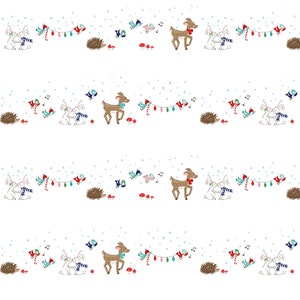 May include: A seamless pattern featuring a white background with a repeating pattern of a deer, two bunnies, a hedgehog, and birds with red and green Christmas lights. The pattern is perfect for holiday crafts and projects.