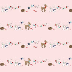 May include: A pink background with a repeating pattern of white bunnies, brown deer, hedgehogs, birds, and red and green Christmas lights. The pattern is repeated in rows.