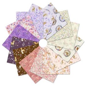 May include: A collection of assorted patterned fabric squares arranged in a circular pattern. The fabrics feature floral, deer, and abstract designs in shades of purple, pink, brown, and cream. The fabrics are likely for quilting or crafting.