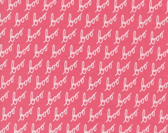 May include: A pink fabric with a white repeating pattern of the word "boo" written in a cursive font.