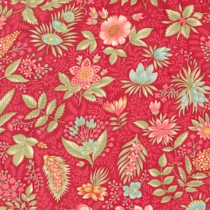 May include: A vibrant floral fabric featuring a dense pattern of various flowers and foliage in shades of pink, green, and blue against a red background. The design includes detailed botanical elements, creating a rich, textured appearance.