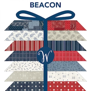 May include: A set of 10 fabric strips in a variety of red, white, and blue patterns, including paisley, stripes, and stars. The fabric strips are arranged in a fan shape and labeled "BEACON".
