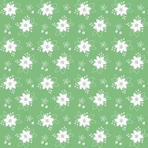 May include: A seamless pattern featuring white stylized flowers on a light green background. The flowers are arranged in a repeating pattern, creating a delicate and feminine design.
