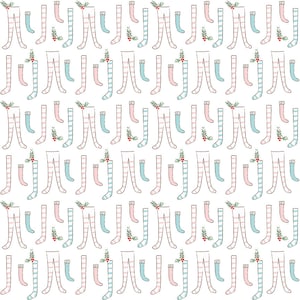 May include: A seamless pattern of pink and blue striped stockings with holly sprigs. The stockings are arranged in rows and columns on a white background.