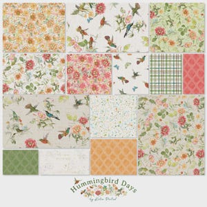 May include: A collection of patterned paper sheets featuring floral and hummingbird designs. The color palette includes shades of pink, green, yellow, and blue. Some sheets have a speckled or plaid pattern. The text "Hummingbird Days" is at the bottom.