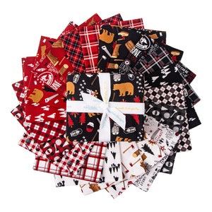 May include: A stack of 18 red, black, and white fabric squares with various woodland-themed patterns, including plaid, bears, trees, and camping gear. The fabric squares are bundled together with a white ribbon and a tag that reads "Riley Blake Designs".
